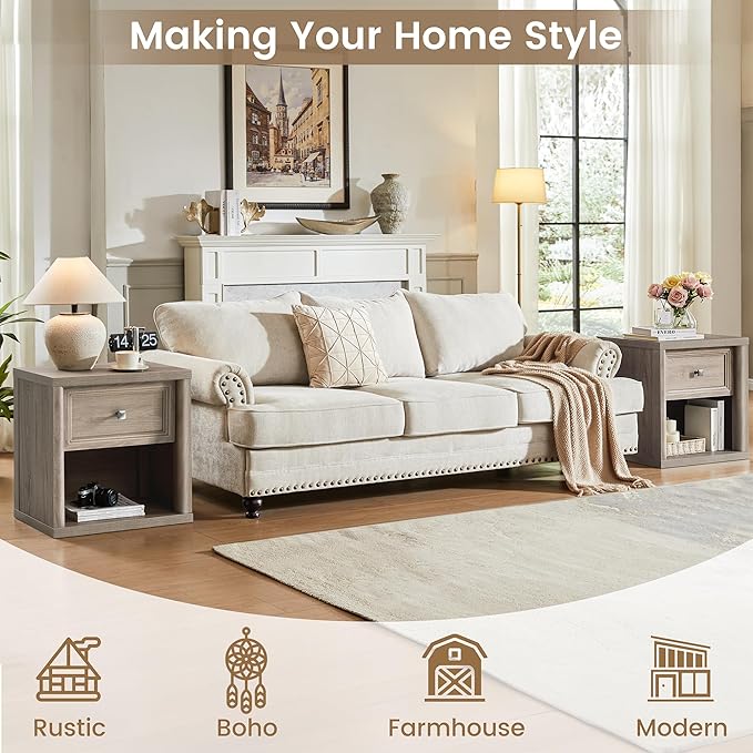 Farmhouse Night Stand Set of 2, Grey Nightstands with Drawer Storage, Wood Large Side Tables End Table, 22.6" Wide Bedside Tables Night Stands for Bedroom Room Sofa Couch Office