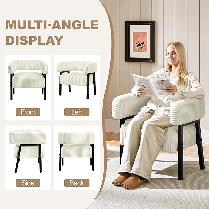 Yaheetech Corduroy Barrel Accent Chair Set of 2, Modern Upholstered Armchair with Solid Wood Legs, Cozy Leisure Chair with Pocket Coiled Seat for Living Room, Bedroom, Reading Nook Beige