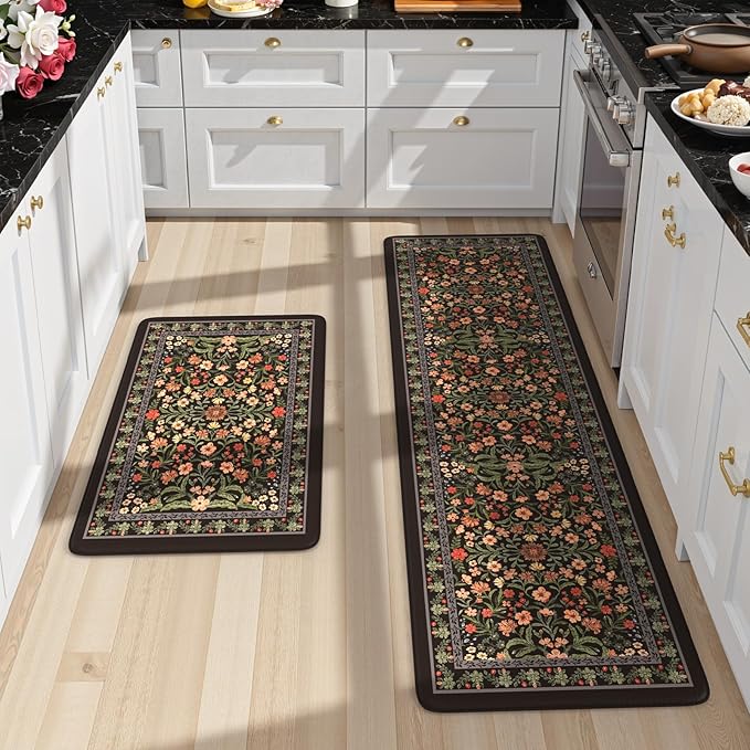 Collive Kitchen Mats 2PCS, Cushioned Anti Fatigue Mat for Floor Non Skid Waterproof Kitchen Rugs, Black Comfort Standing Desk Rug for Office, Sink, Laundry, 17"x30"+17"x59"