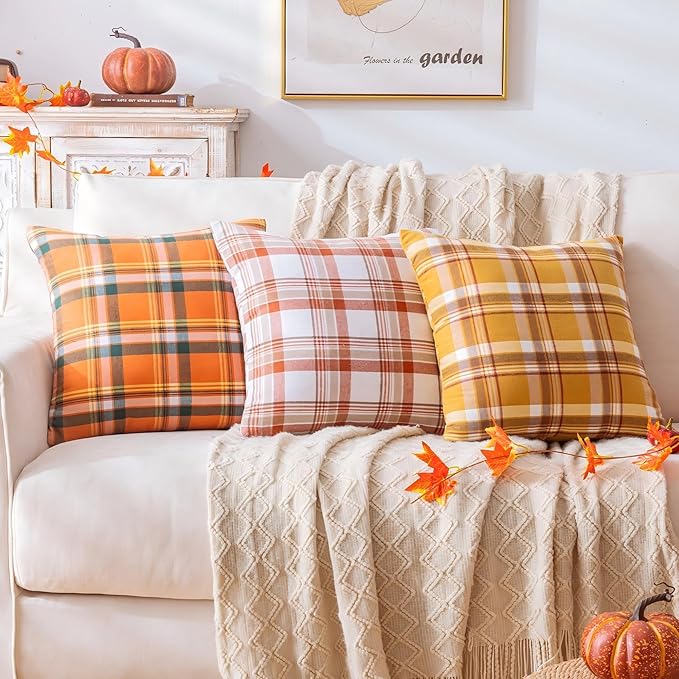 Fall Plaid Orange Green Throw Pillow Covers 20x20 Inch, Set of 2 Autumn Decorative Throw Pillows for Couch Sofa Bed Living Room Home Decor, Accent Pillow Cases for Farmhouse Couch Cushion Covers