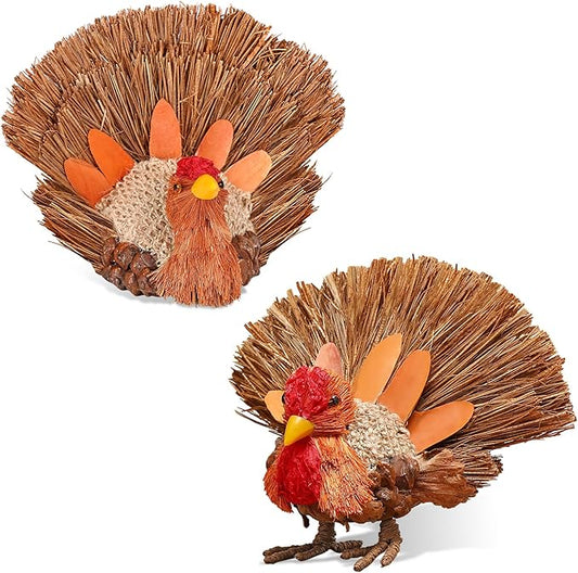 2PCS Thanksgiving Decorations Turkey, Thanksgiving Decorations for Table, Natural Material Turkey for Home Indoor Decor