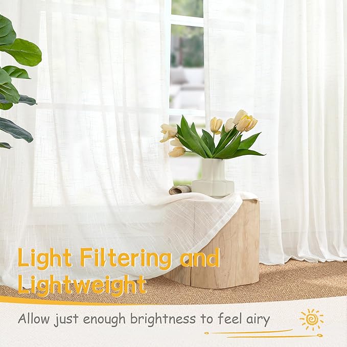 YoungsTex White Linen Semi Sheer Curtains 45 Inch Long for Small Window, Short Length Ivory Drapes Textured Light Filtering with Rod Pocket Back Tab for Cafe Bathroom, 2 Panels, 34 X 45 Inch