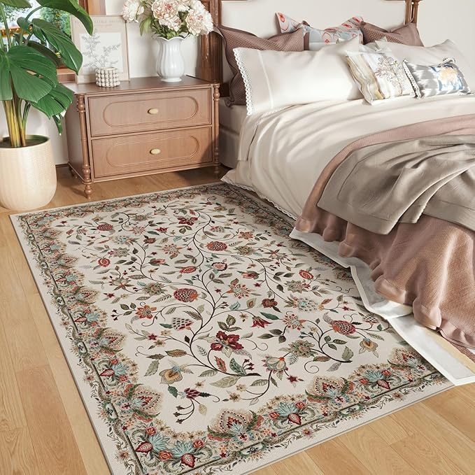 Rugcomf Vintage Paisley 3'x5' Area Rug - Machine Washable, Non-Slip Low Pile Small Floral Carpet for Bedroom, Bedside, Kitchen, Entryway, Kids/Girls Room, Office - Beige