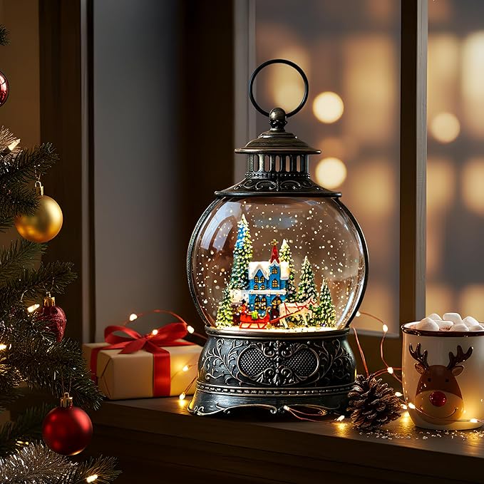 9.8" Christmas Snow Globe Water Lantern with Horse Drawn Carriage Town Scene Battery Operated or USB Powered Musical Lighted Holiday Decoration for Tabletop Display for Family and Friends