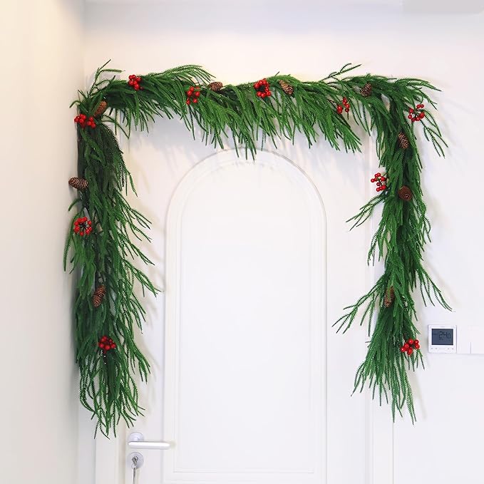 9FT Christmas Garland Real Touch Norfolk Pine Garland Faux Realistic Greenery Garland with Pine Cones and Berries for Mantle Fireplace Stairs Indoor Outdoor Decoration