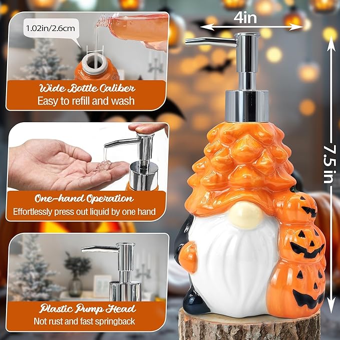 Hexagram Halloween Soap Dispenser, Halloween Bathroom Kitchen Decor, Gnome Ceramic Soap Dispenser for Home Indoor Decorations, Refillable Lotion Essential Oil Dispensers with Pump