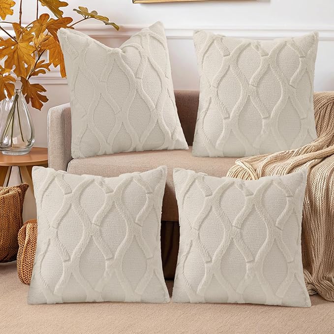 decorUhome Set of 4 Beige Throw Pillow Covers 20x20 Inch, Neutral Decorative Soft Plush Faux Wool Couch Pillow Covers, Farmhouse Pillow Cases for Living Room Bed Sofa