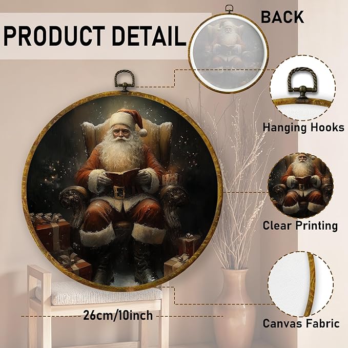 QZQE Vintage Christmas Santa Round Wall Art Decor Framed, Dark Moody Santa Reading Book Circle Canvas Prints, Rustic Xmas Circular Wall Hanging Decor for Home Library Reading Room Gallery, 10x10 Inch