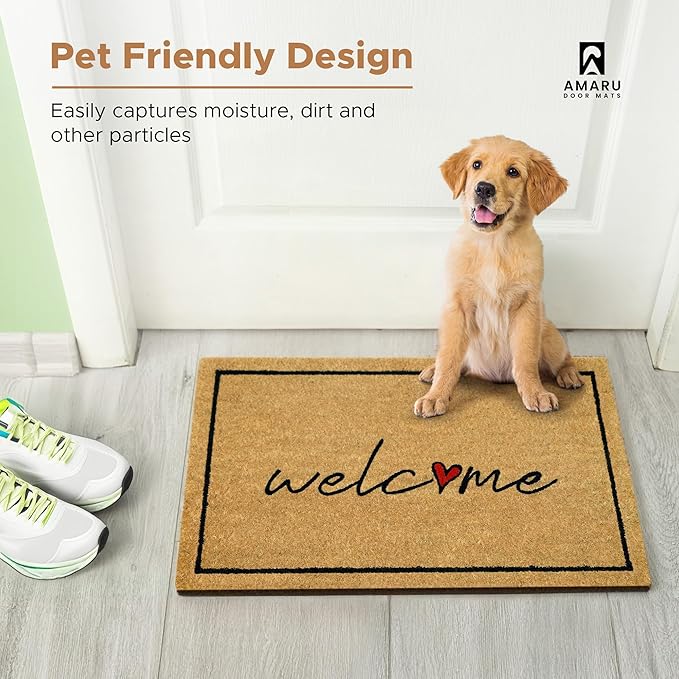 Welcome - 17"x29" - Coir Door Mat with Heavy Duty Backing - Welcome Mats for Entryway, Porch - Anti-Slip PVC & Coconut Fiber Surface - Natural Home Accessories, Minimalist Original Design