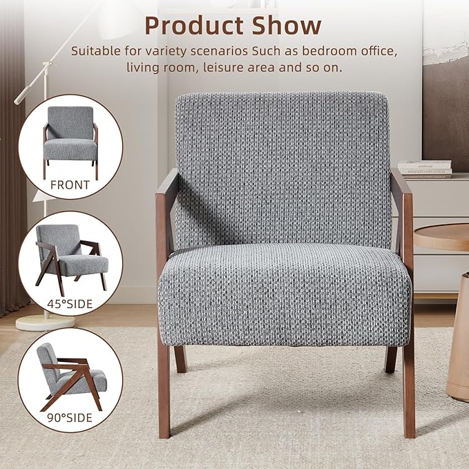 INZOY Mid Century Modern Accent Chair with Wood Frame, Upholstered Reading Armchair with Soft Linen Fabric, Accent Chair for Living Room Bedroom Apartment, Easy Assembly, Blue