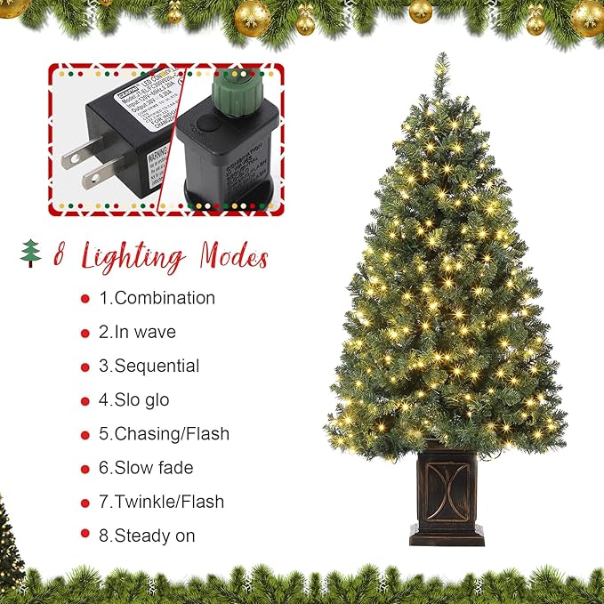 GarveeHome 4.5ft Green Christmas Tree, Pre-Lit Artificial Potted Xmas Tree with 300 Led Lights, 8 Lighting Modes, Black Base Design, Dense Branch Realistic Home Party Decoration w/Easy Assembly,1 PC