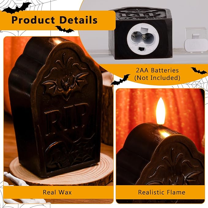 Halloween Flameless Candles with Remote, Real Wax Tombstone LED Candles, Flickering Battery Operated Fake Candle, Halloween Decorations for Table,Fireplace, Home, Party, Festival Decor