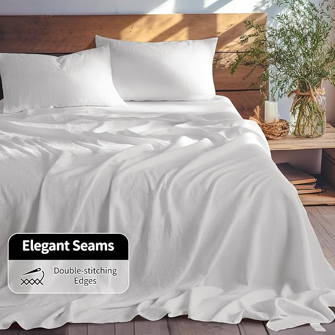 LBRO2M 100% Linen Sheet Set 19" Deep Pocket California King Size,Bed Sheets 4 Piece Sets,Solid Color Natural Flax Bed Sheets Soft Breathable Bedding,All Season (Clifornia King, White)