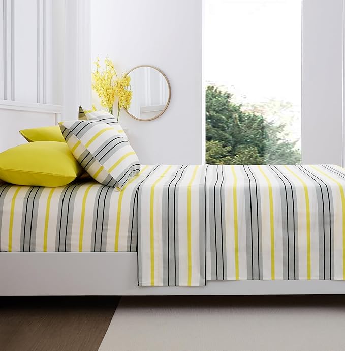 King Size Bed Sheets Set Deep Pockets - 6PC Stripes Ultra Soft Microfiber Bed Sheets - Easy to Clean, 90 Thread Count Sheets with Fitted Sheet, Flat Sheet & Pillowcases (Grey/Yellow)