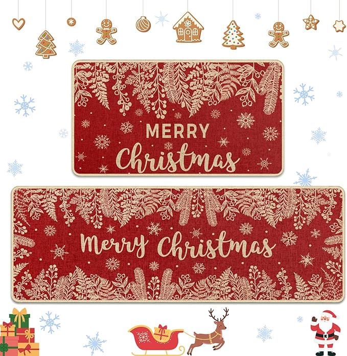 Christmas Red Holly Pine Kitchen Rugs and Mats Non Skid Washable Set of 2, Branches Leaves Xmas Kitchen Mats for Floor Decor