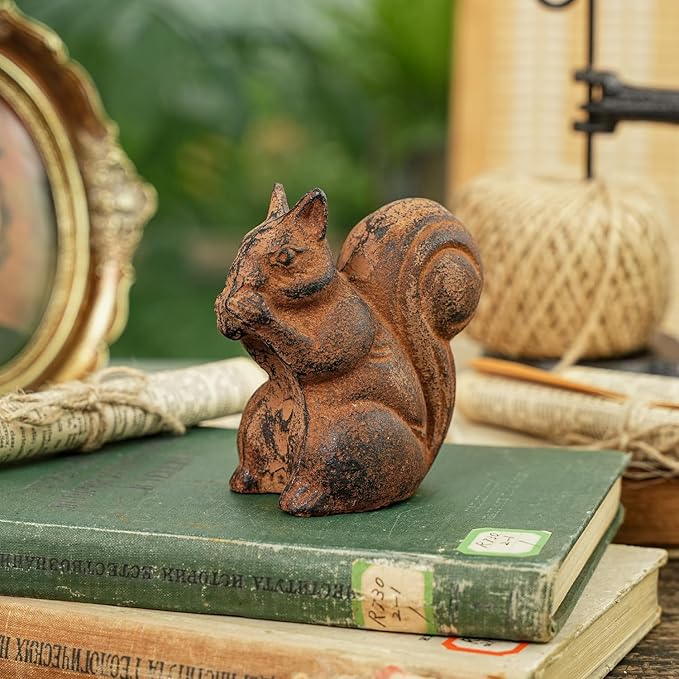 Sungmor Cast Iron Squirrel Statue, Vintage Animal Collection Figurines, Home Office Table Decor, Paperweight, Doorstop, Garden Lawn Cute Ornament, Rust Finish