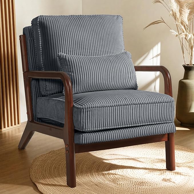 FLEXISPOT AC1 Mid Century Modern Accent Chairs Set of 2, Corduroy Upholstered Armchairs with Wood Frame, Thick Backrest & Lumbar Pillow, Comfy Reading Chairs for Living Room, Bedroom, Balcony (Grey)