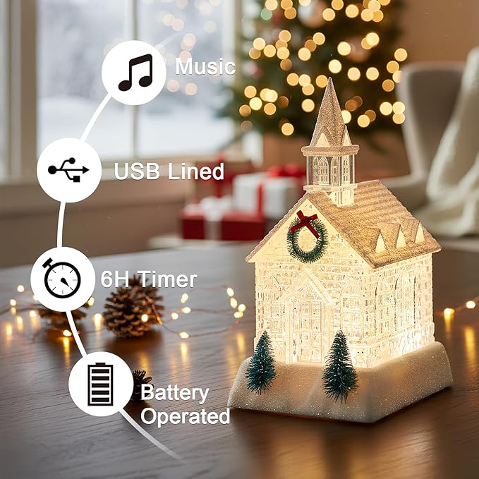 Christmas Lighted Church Water Lantern Snow Globe with Evergreens and Wreath, USB Lined/Battery Operated Lighted Lantern for Christmas Festival Decoration Gifts