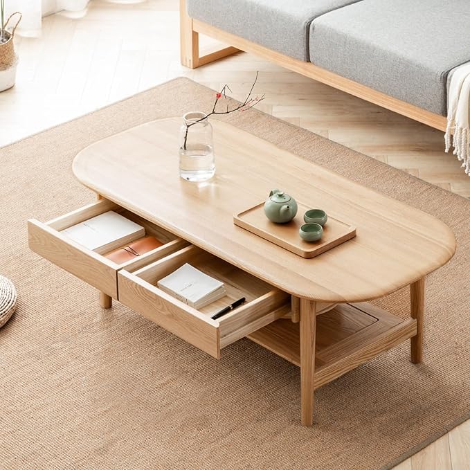 100% Solid Wood Coffee Table for Living Room, 2-Tier Coffee Table with 2 Drawers and Shelf Storage, Mid Century Modern Table for Home (Mandshurica Natural Wood, 47.24''W x 22.05" D x 16.54" H)
