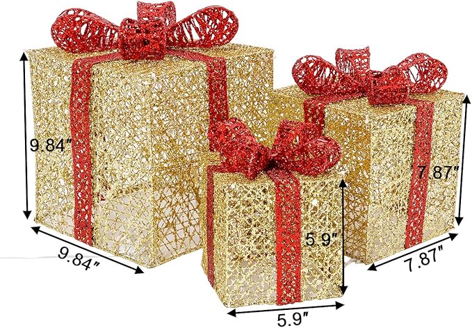 Sunnyglade 10”-8”-6” Set of 3 Christmas Lighted Gift Boxes with Plug for Christmas Decor, Weddings Yard Home Holiday Art Decorations (Gold)