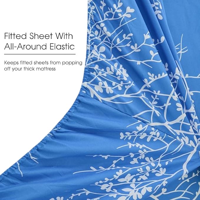 Spirit Linen home King Size Sheets Set - Pure Microfiber 4 Piece Polyester Bed Sheets, Fitted Sheet & Pillow Cases - King Sheets for All Seasons (Foliage Light Blue/White, King)