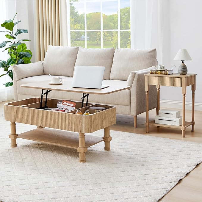 23.6” Large End Table with Charging Station, Modern Farmhouse Side Table Sofa Tables with Fluted Drawer, Wooden Bedside Table Night Stand for Bedroom Living Room Home Office, Natural