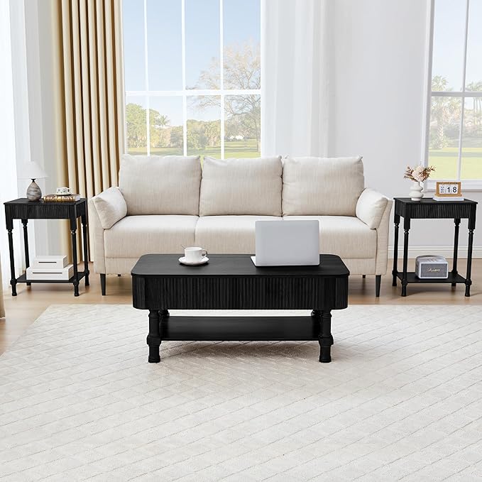 23.6” Large End Table with Charging Station, Set of 2, Modern Farmhouse Side Table Sofa Tables with Fluted Drawer, Wooden Bedside Table Night Stand for Bedroom Living Room Home Office, Black