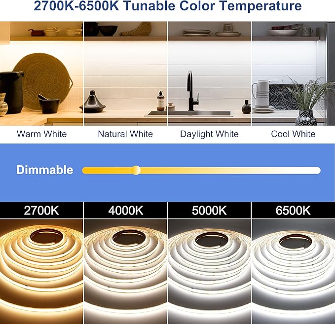 CCT COB LED Strip Lights, 6.56ft Dimmable 2700K-6500K 24V Tunable White LED Light Strip Kit, High Density CRI 90+ LED Strips with Remote Controller and Power Supply, for Bedroom Kitchen Home Lighting