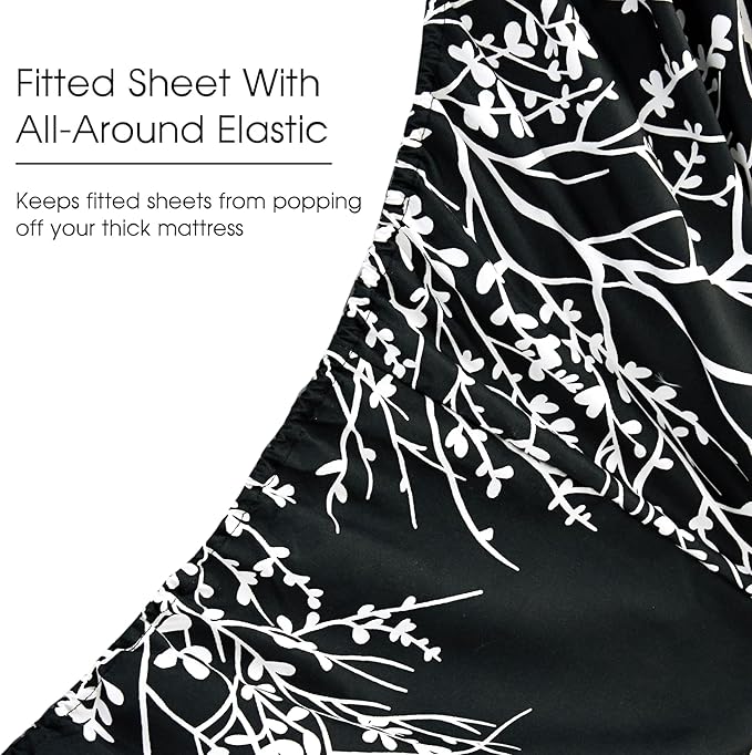 Spirit Linen home King Size Sheets Set - Pure Microfiber 4 Piece Polyester Bed Sheets, Fitted Sheet & Pillow Cases - King Sheets for All Seasons (Foliage Black/White, King)
