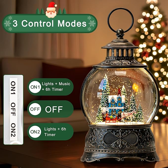 9.8" Christmas Snow Globe Water Lantern with Horse Drawn Carriage Town Scene Battery Operated or USB Powered Musical Lighted Holiday Decoration for Tabletop Display for Family and Friends