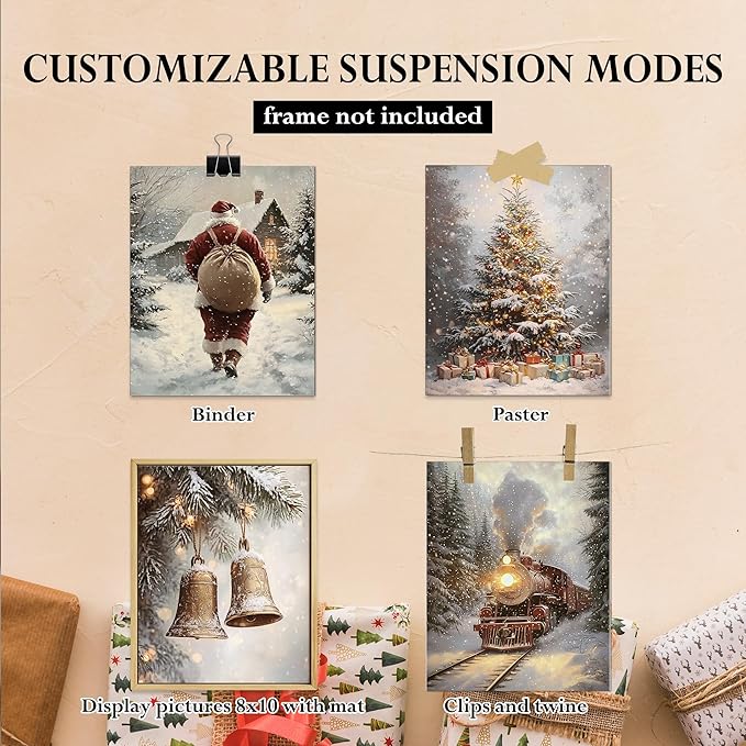 DOFQZ Winter Christmas Wall Art Prints Set of 4, Christmas Home Room Decor, Winter Snowy Xmas Train Santa Bell Pine Tree Posters for Home Bedroom Living Room Decor, 8x10 Unframed