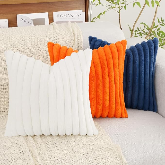 decorUhome Faux Fur Christmas Throw Pillow Covers 16x16 Set of 2, Decorative Soft Plush Striped Neutral Couch Euro Pillow Covers with Velvet Back for Sofa, Bed, Living Room Home Decor, White