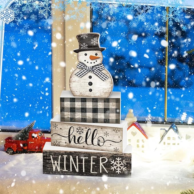 4 Pcs Snowman Christmas Decor Winter Table Decorations Christmas Tiered Tray Decor Winter Centerpiece Decorations Indoor Rustic Wooden Snowman Block Sign Gift Farmhouse for Home Kitchen Shelf