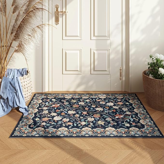 Rugcomf 2'x3' Entryway Rug - Paisley Pattern, Door Mat Indoor Entrance, Floral Vintage, Machine Washable, Non-Slip Low Pile Area Rug for Kitchen, Front Door, Kids Room - Blue