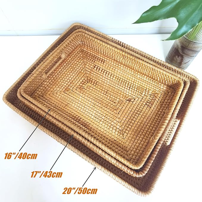 i-lan 20 Inch Handmade Rectangular Countertop Serving Trays with Cutout Handles,Rustic Decorative Rattan Woven Platter Holding Breakfast,Fruits,All Dish and Table Accessories.