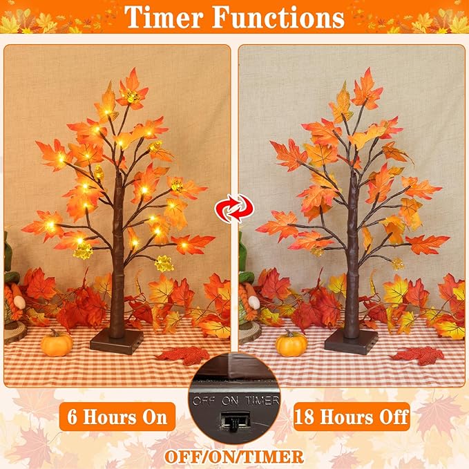 Fall Decorations for Home, 2 Pack 24''/2FT Prelit Fall Maple Tree Thanksgiving Decor Total 48 LED Timer Battery Operated Lighted Pumpkins Acorn Maple Autumn Thanksgiving Indoor Home Table Christmas