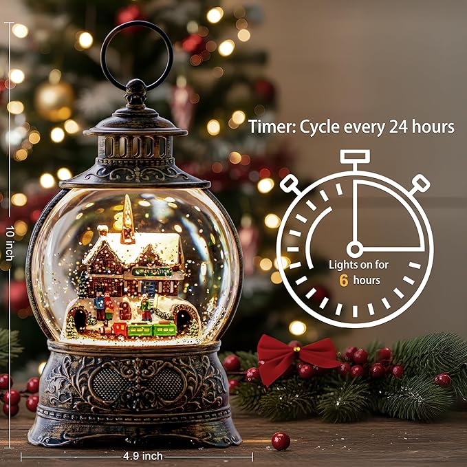 9.8" Christmas Snow Globe Water Lantern with Train Station Scene Battery Operated or USB Powered Musical Lighted Holiday Decoration for Tabletop Display for Family and Friends