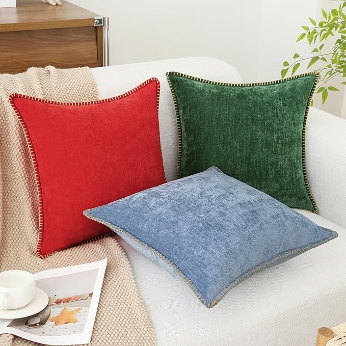 decorUhome Christmas Chenille Soft Throw Pillow Covers 24x24 Set of 2, Farmhouse Velvet Neutral Decorative Euro Pillow Covers with Stitched Edge for Couch Sofa Bed Home Decor, Green