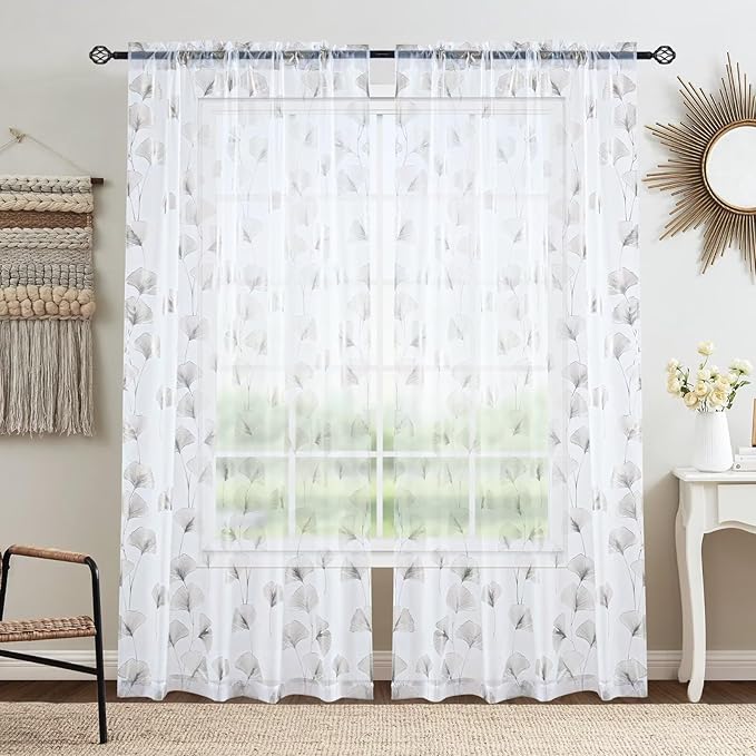 Silver Foil Print Sheer Curtains 96 inches Long, 2 Panels Ginkgo Bronzing Treatment Sheer Curtain, Rod Pocket Window Treatment Panels for Bedroom Living Room