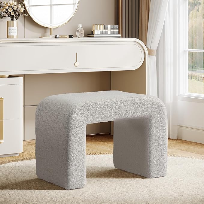 Tribesigns Vanity Stool Chair, Modern Boucle Ottoman Foot Rest for Couch, Large Foot Stool Ottoman, Extra Seating for Living Room, Arched Makeup Stool for Vanity, Fully Assembled, Light Gray, 2 Packs