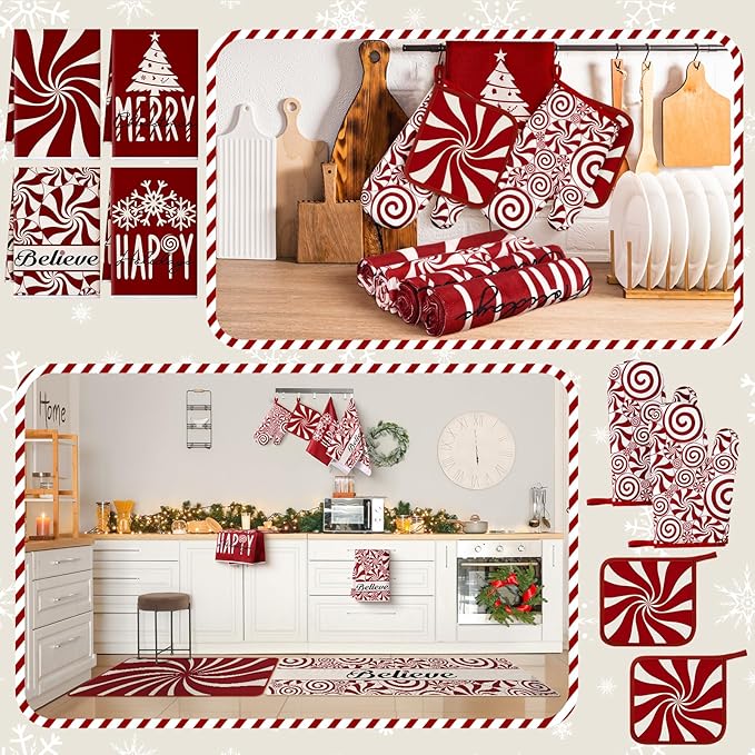 10 Pcs Christmas Kitchen Decor Set Kitchen Towels and Rugs Oven Mitts Pot Holders Absorbent Towels for Baking Cooking BBQ Gifts Home Decor(Red,Christmas Peppermint Candy)