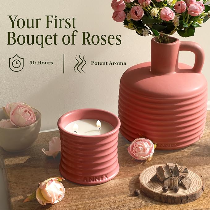 Scented Luxury Candles in Handmade Ceramic Jars, Soy Wax | Canal Rose β Rose Bud & Oud Scented, Large Candle | Non Toxic, 2 Wicks, Reusable Big Pink Jar | Natural Spring Aromatherapy for Women & Men