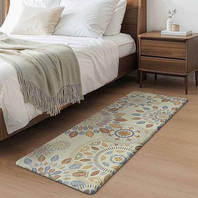 GENIMO Kitchen Mats for Floor 2PCS, Washable Cushioned Kitchen Rugs Non Slip, Farmhouse Anti Fatigue Mat Waterproof, Comfort Standing Mat Rug for Home, Laundry, Office, 17.3"x47"+17.3"x30", Beige&Blue