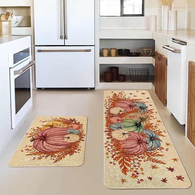 VAKADO Fall Kitchen Pumpkin Rugs Mat Set of 2, Home for Decor Door Front Floor Decorations Leaf Stain Halloween Thanksgiving Fade Resistant Non-Slip Rubber Backing Rug (17x29 Inch,17x47 Inch)