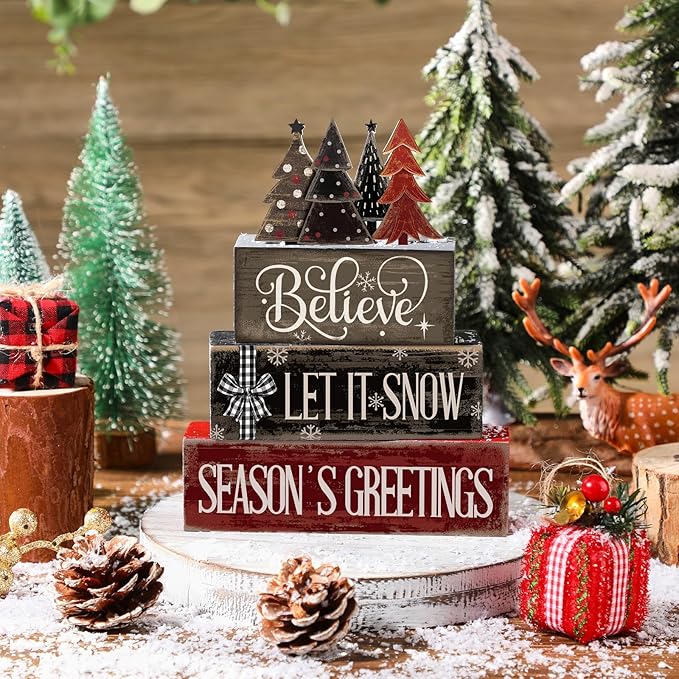 4 Pcs Christmas Table Decor Christmas Tree Centerpiece Rustic Decorative Tree Block Signs Gift Winter Tiered Tray Decor Farmhouse Winter Tabletop Decoration for Home Xmas Party Kitchen Shelf