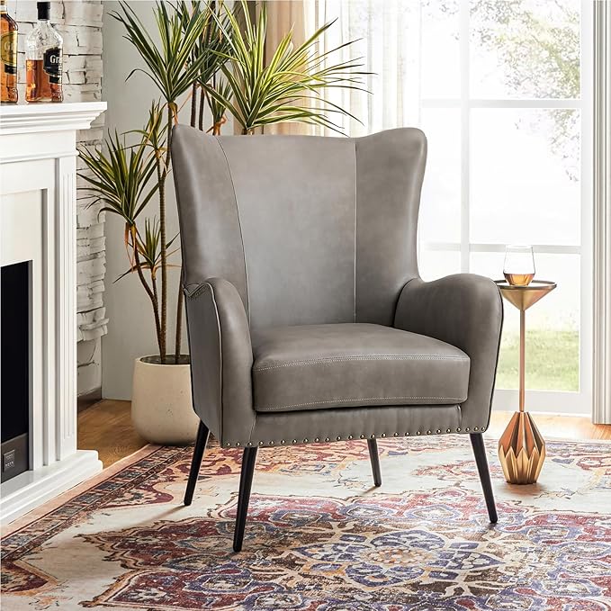 HULALA Home Faux Leather Accent Chair w/Removable Cushion, Comfy Upholstered Armchair with Black Metal Legs & Nailhead Trim Wingback Vanity Chair Desk Chair for Reading Living Room Bedroom, Grey