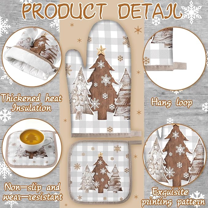 10 Pcs Christmas Kitchen Decor Set Kitchen Towels and Rugs Oven Mitts Pot Holders Absorbent Towels for Baking Cooking BBQ Gifts Home Decor(White and Gray,Original Wood)
