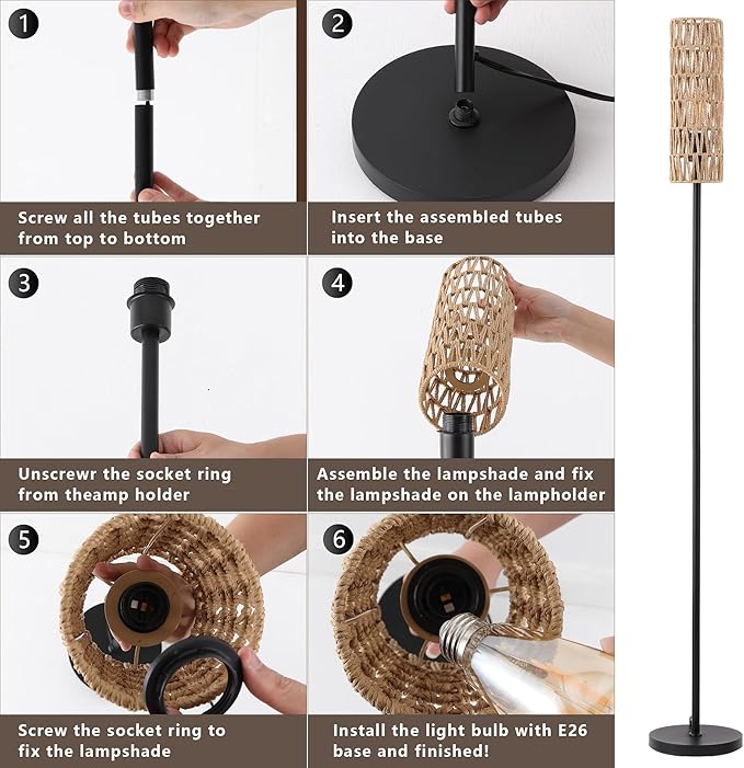 Floor Lamp for Living Room,Farmhouse Rattan Floor lamp,Modern Standing lamp with Hand-Worked Rattan Shade,Black Tall Lamp with Foot Switch,LED Bulb Included Black