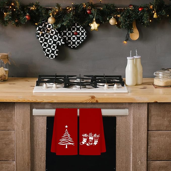 Red Christmas Kitchen Towels Set of 2, Stocking Tree Decorative Hand Towels for Bathroom, Christmas Dish Towels for Kitchen, Christmas Kitchen Bathroom Decor, 16x24 Inches