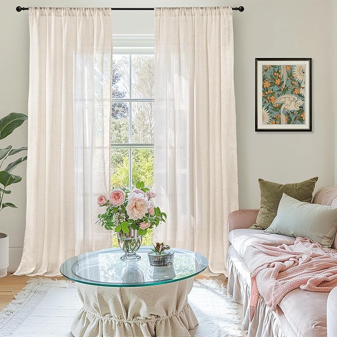 BGment Oatmeal Semi Sheer Curtains for Living Room 84 Inch Length 2 Panels Set - Rod Pocket Linen Drapes Camel Light Filtering Window Treatments for Bedroom Dining Farmhouse Lightweight, 52 X 84 Inch